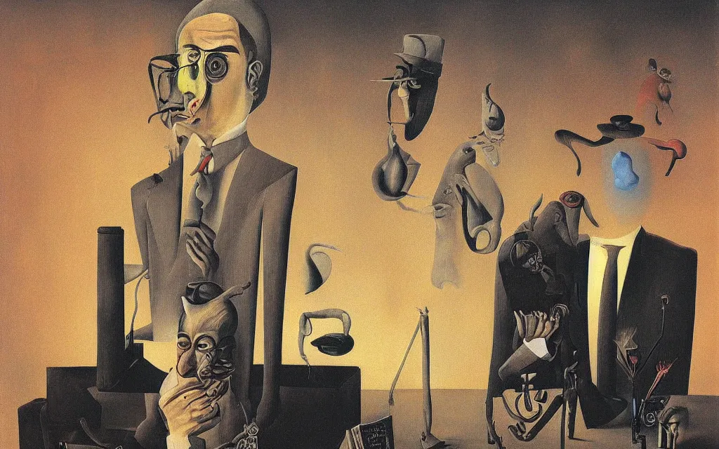 Image similar to kafkaesque bureaucracy, benjamin netanyahu, vanitas, by salvador dali and rene magritte and beksinski