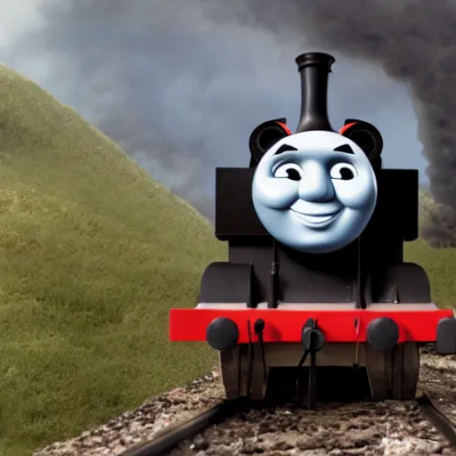 Prompt: thomas the tank engine in extremely dramatic and horrific setting, 8 k, gooey, slime, black, darkness, body horror, thomas the train, thomas the tank engine face, horror,