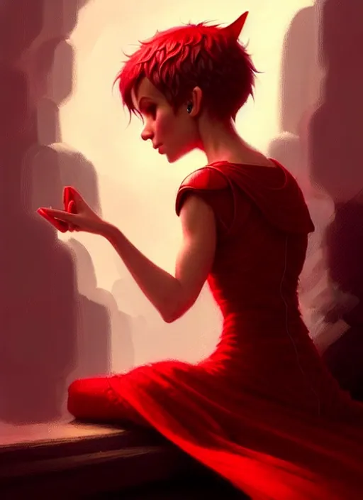 Image similar to Image of tiny pixie sitting on top of a human hand, D&D fantasy, wearing a red dress, intricate, highly detailed, digital painting, artstation, concept art, sharp focus, illustration, art by greg rutkowski and Ross Tran