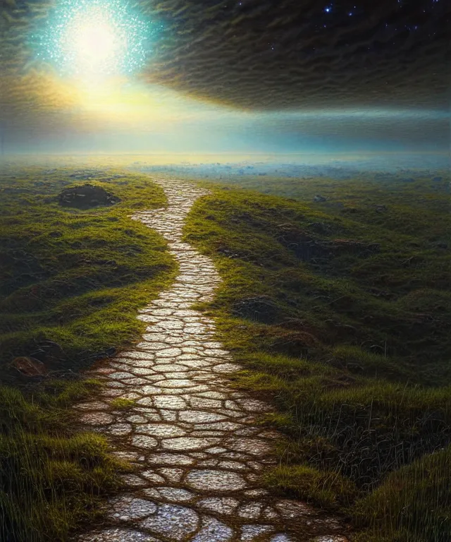 Image similar to hyperrealistic mixed media painting of a beautiful path across a vast, sprawling landscape, stunning 3d render inspired art by P. Craig Russell and Barry Windsor-Smith + dim volumetric lighting, dizzy, full body, 8k octane beautifully detailed render, post-processing, extremely hyperdetailed, intricate, epic composition, grim yet sparkling atmosphere, cinematic lighting + masterpiece, trending on artstation, very very detailed, masterpiece, stunning