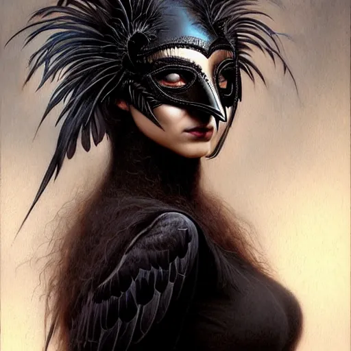 Prompt: portrait of a young woman in a raven masquerade mask, dark, piercing eyes, exotic expression, esoteric clothing, photorealistic, highly detailed, mysterious lighting, artstation, smooth, sharp focus, art by michael whelan, artgerm, greg rutkowski and luis royo