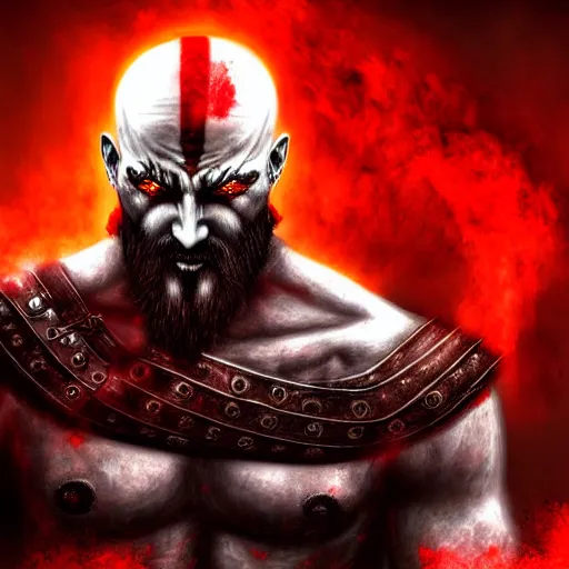 Image similar to epic chthonic ancient warrior Kratos black veins red demonic eyes, red smoke on the background by Boris Valejio, high detailed digital art