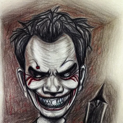 Prompt: a drawing, made with charcoal and blood on a skin parchment by an insane!! person showing an evil grinning billy bob Thornton.