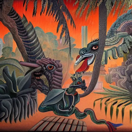 Image similar to high quality, high detail painting, dutch masterpiece, darryl mccray, film noir, diego rivera, high garden scene with quetzalcoatl at night, hd, muted lighting