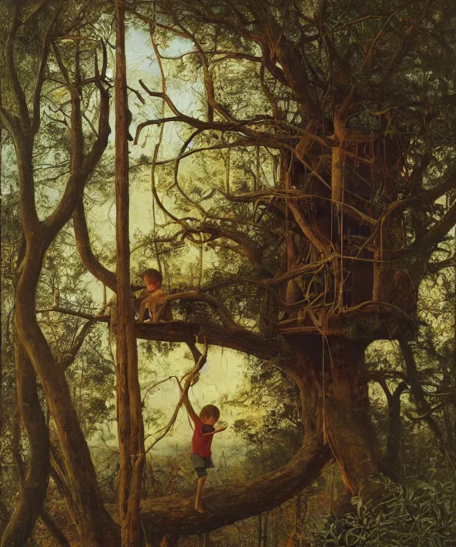 Prompt: masterful oil on canvas painting, eye - level view, shot from 5 0 feet distance, of a kid playing in a treehouse. in the background is a whimsical sparse forest. by ambrosius benson and gerald brom. golden hour, detailed, depth, volume, chiaroscuro, quiet intensity, vivid color palette.