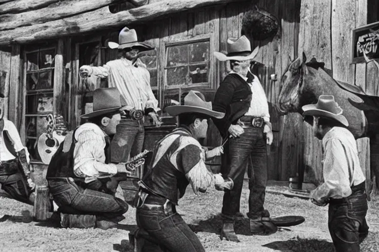 Image similar to minion cowboy saloon shootout, 3 5 mm scene from a western, 1 9 6 6