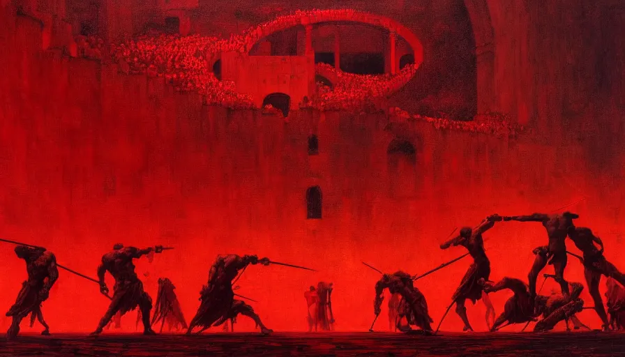 Prompt: only with red, bloody gladiator battle in a crowded roman amphitheatre, crowd cheering, in the style of beksinski and edward hopper and rodcenko and yue minjun and cory loftis, intricate and epic composition, red by caravaggio, highly detailed, masterpiece, red light, artstation, art nouveau