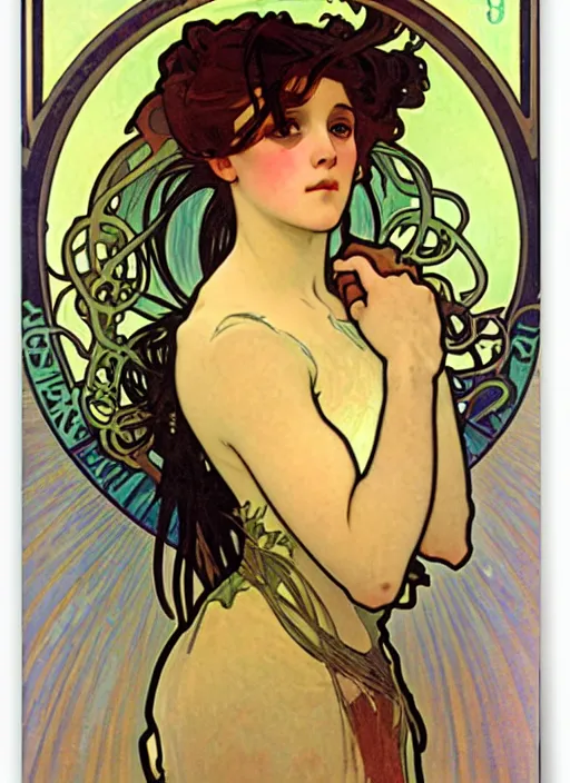 Image similar to a portrait of a pretty sewer punk young lady by alphonse mucha