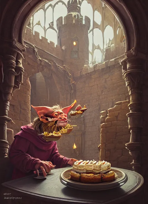 Prompt: highly detailed portrait of a medieval goblin eating cakes in a castle, stephen bliss, unreal engine, greg rutkowski, loish, rhads, beeple, makoto shinkai and lois van baarle, ilya kuvshinov, rossdraws, tom bagshaw, tom whalen, alphonse mucha, global illumination, god rays, detailed and intricate environment