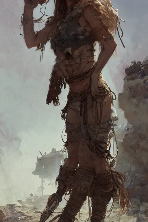 Image similar to a full body portrait of a beautiful post apocalyptic offworld miners quarter bedouin blind pulp fiction scarlet wild rogue barbarian leper begging by the roadside, intricate, elegant, highly detailed, digital painting, artstation, concept art, smooth, sharp focus, illustration, art by krenz cushart and artem demura and alphonse mucha