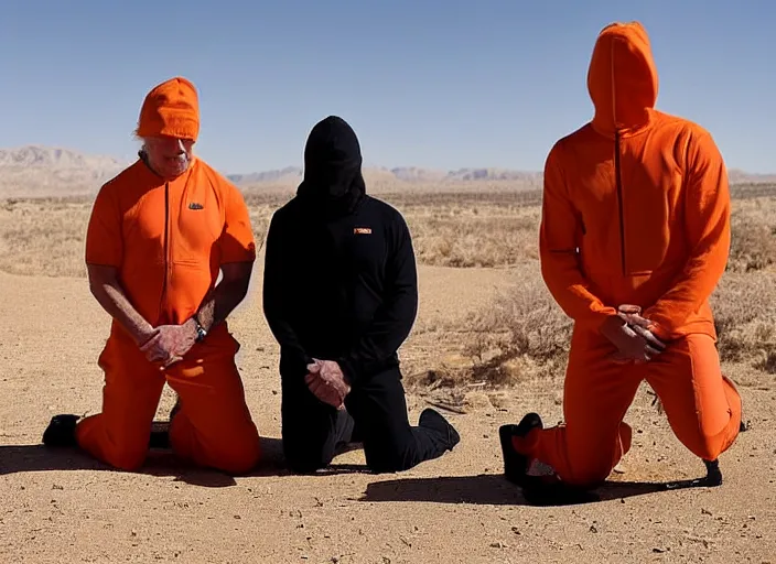 Image similar to joe biden kneeling down in the desert in an orange prison outfit, next to him are two men dressed in full black with black balaclavas, 3 5 mm photograph