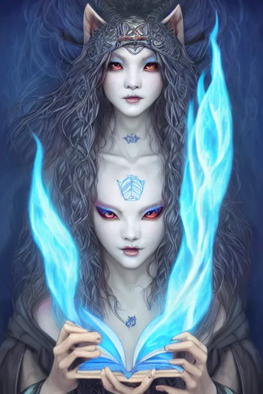 Prompt: gorgeous!!! hyper - realstic kitsune sorceress, holding a tattered magical book, casting a flame spell, blue flames, surrounded by tiny spirits, tribal face markings | drawn by wlop, drawn by jeehyung lee, drawn by artgerm | fantasy, dark, intricate, highly detailed, digital painting, character design, concept art, illustration, artstation
