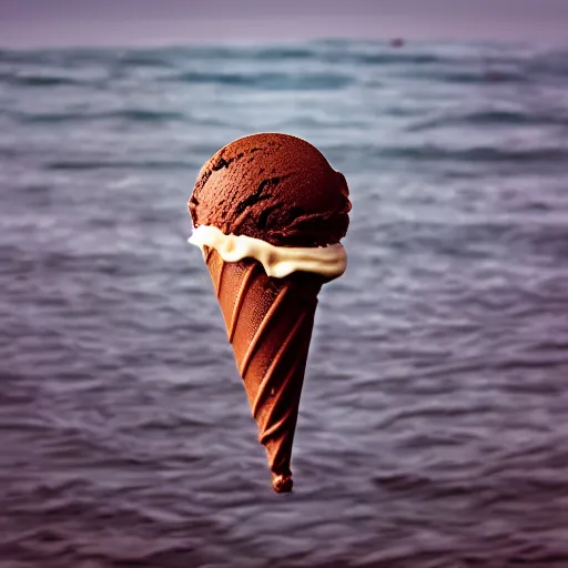 Image similar to a detailed photograph of a levitating chocolate-bacon swirl ice cream cone hovering over the ocean