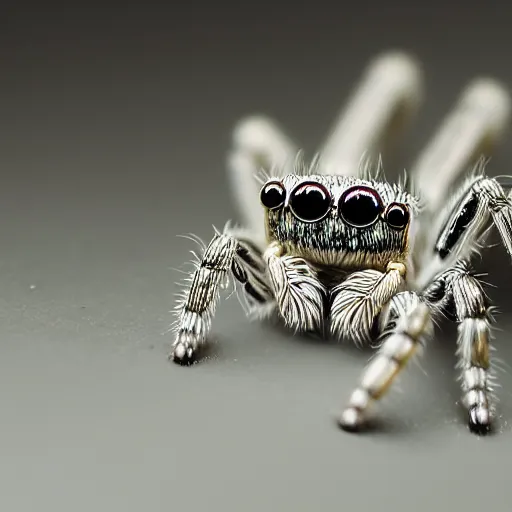 Prompt: a jumping spider using a tiny laptop, by pixar, macro lens, iridescent