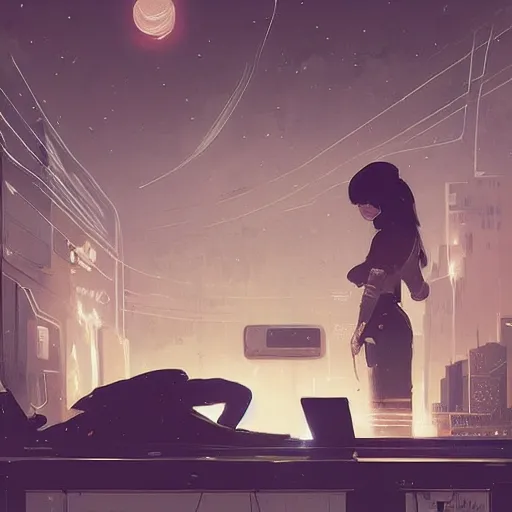 Image similar to highly detailed painting. night is full of lights, screens, pc, phone, you cant sleep by atey ghailan, by greg rutkowski, by greg tocchini, by james gilleard, by joe fenton, by kaethe butcher, gradient orange, black and white color scheme, grunge aesthetic!!! ( ( graffiti tag wall background ) )