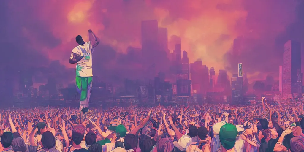 Image similar to rapper leaning over huge crowd reaching up to him, digital art, vapor wave, hip hop, trending on Artstation, professional artist, detailed, 4k