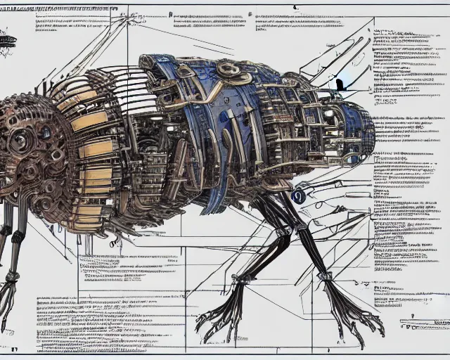 Prompt: a full page of a mechanical blueprint showing a cutaway design for a mechanized six legged wolf from howl's moving castle ( 2 0 0 4 ), with a big head, muted colors, post grunge, studio ghibli, hq,