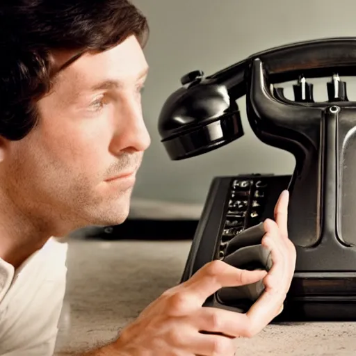 Prompt: a millennial trying to figure out how to use a rotary dial phone