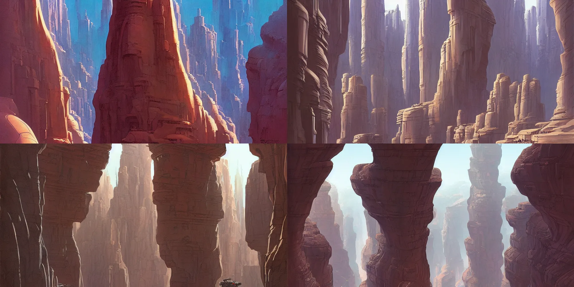 Prompt: a beautiful illustration of a retro futuristic city of carved into canyon walls on another world by Ralph McQuarrie| sparth:.2 | Time white:.4 | Rodney Mathews:.2 | Graphic Novel, Visual Novel, Colored Pencil, Comic Book:.2