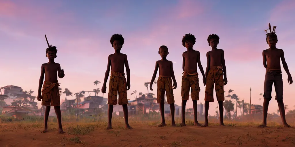 Prompt: a film still for African favela, four kids wearing African war paint tribal masks stand ready for battle, medium shot, waist up, studio Ghibli, Pixar and Disney animation, sharp, Rendered in Unreal Engine 5, anime key art by Greg Rutkowski, Bloom, heavy dramatic sunset lighting