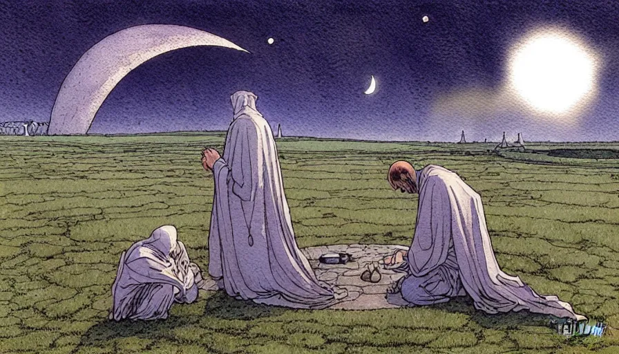 Image similar to a realistic and atmospheric watercolour fantasy concept art of a shiny metallic ufo landing in a large stonehenge. medieval monk in grey robes on his knees praying. a crescent moon in the sky. muted colors. by rebecca guay, michael kaluta, charles vess and jean moebius giraud