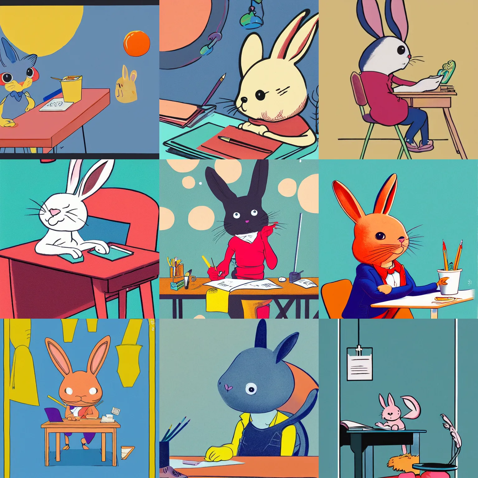 Prompt: a gouache painting of a cute happy cartoon rabbit sitting at a desk writing on a paper, llustration, Alex Ross, josan gonzales, wlop, james jean, Victo ngai, David Rubín, Mike Mignola, Hergé, Joost Swarte, Moebius, Laurie Greasley, artgerm, highly detailed, sharp focus, Trending on Artstation, HQ, deviantart
