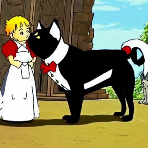 Image similar to a black cat wearing a white wedding dress and a pug dog in a tux, Miyazaki, studio ghibli