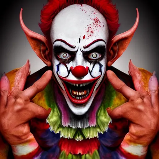 Image similar to 4K headshot of godlike clown with defined arms and open hands and bloody clothes with giant mandala wings , intricate clown face make-up , flawless anime cel animation by Kentaro Miura, psychedelic , highly detailed upper body , professionally post-processed , beautiful, scary, symmetry accurate features, epic, octane rendered, anime masterpiece, accurate