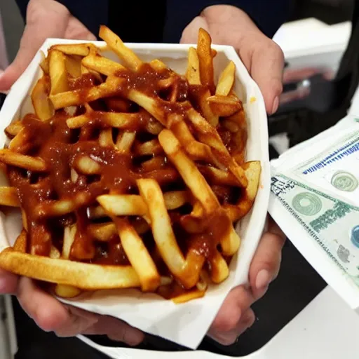 Image similar to a poutine with full of canadian cash inside