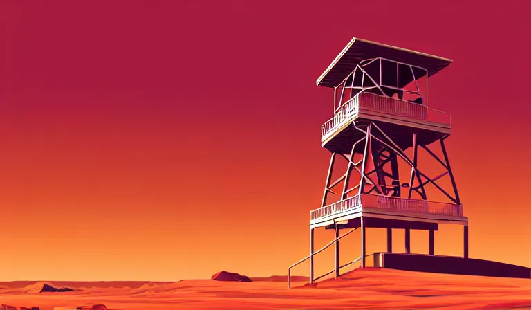 Image similar to a beautiful sharp focus vintage vaporwave ombre vector art rendering, outrun style, of a fire lookout tower on the surface of mars. trending on artstation. recommended for you behance. by edward hopper. by chris moore. beeple colors. ambient occlusion. digital matte painting. metropolis filmic. gotham city. overcast.