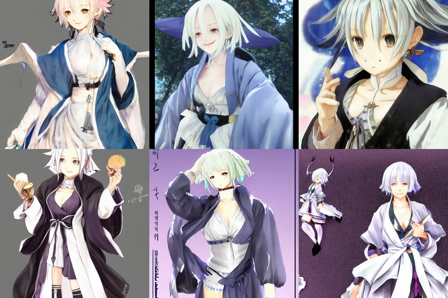 Prompt: Rem from Re Zero with a cute smile, wearing a robe, detailed character concept art by Takehito Harada and Yoshitaka Amano and Yoji Shinkawa