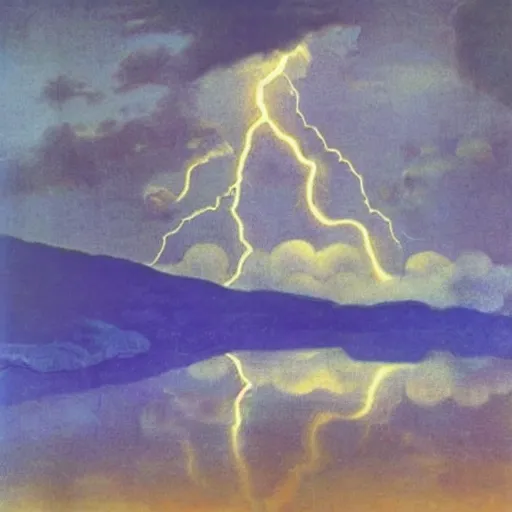 Image similar to river full of lightning, full moon, maxfield parrish, salvador dali