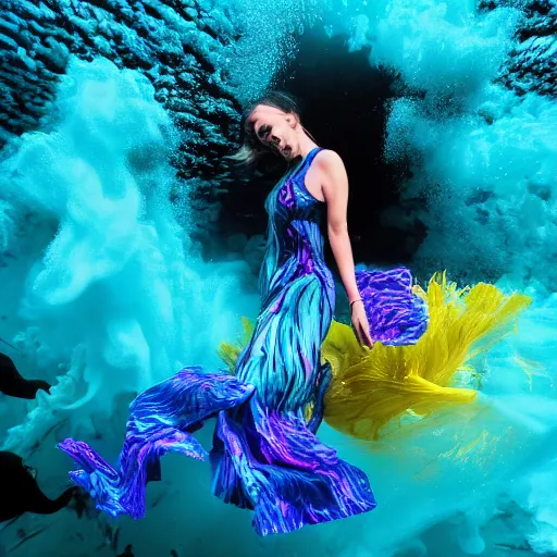 Prompt: woman dancing underwater wearing a flowing dress made of blue, magenta, and yellow seaweed, delicate coral sea bottom, swirling silver fish, swirling smoke shapes, bryce render, caustics lighting from above, cinematic, hyperdetailed