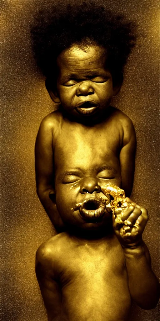 Image similar to award winning photo of black baby puking gold, vivid colors, happy, symmetrical face, beautiful eyes, studio lighting, wide shot art by sally mann & arnold newman