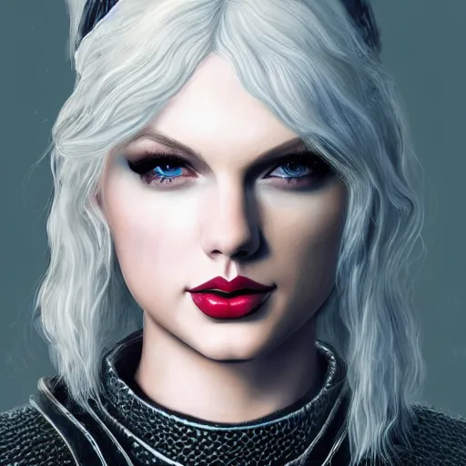 Prompt: an epic portrait of taylor swift as a witcher, witcher design, beautiful face, detailed face, white hair, epic fantasy art, trending on artstation, deviantart, high detail, high definiton, ultra realistic, high quality, ultra quality, hyper realistic, 4 k uhd,