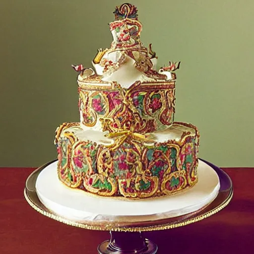 Image similar to photograph of a fancy baroque cake from 1970's cookbook in color