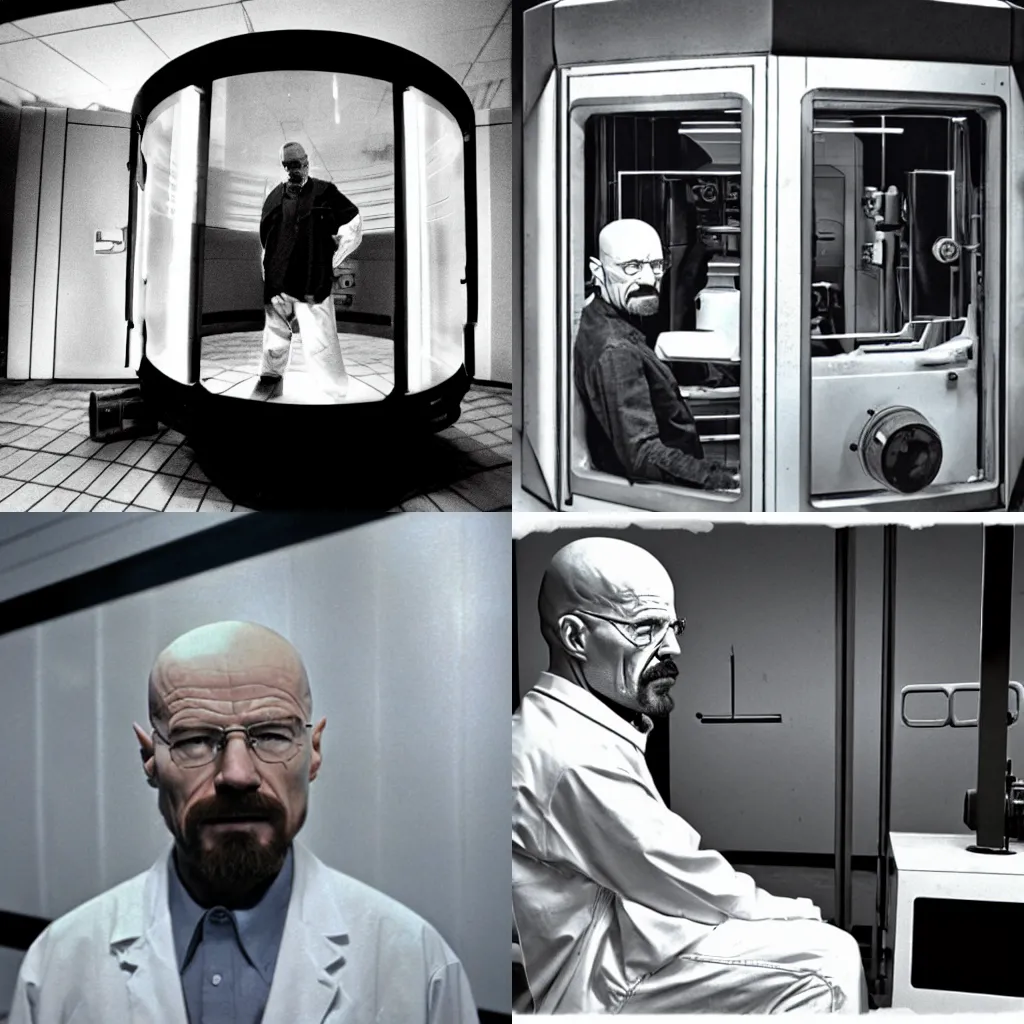 Prompt: Walter White in an Aperture Science test chamber, vintage photograph