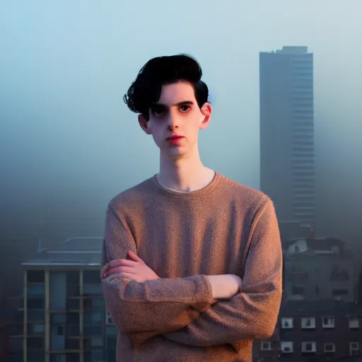 Image similar to un ultra high definition studio quality photograph portrait of a pale young man with black hair standing on the rooftop of an apartment building wearing all eclectic clothes. wide angle. morning. clear. fog. three point light. extremely detailed. golden hour, golden ratio, ray tracing, volumetric light, shallow depth of field.