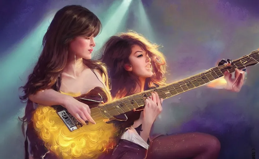 Prompt: rockstar girl playing electric guitar on stage. by edward robert hughes, by konstantin razumov, by william - adolphe bouguerea, by artgerm, pixar, artstation trending, concept art, digital art, digital painting, dramatic lighting, sharp focus, highly detailed, vxf movie, cinematic