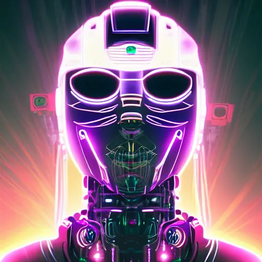 Prompt: Head of a robot with purple glowing eyes in cyberpunk neon Tokyo in style of Tsutomu Nihei. Cyberpunk, vertical symmetry, 8K, Highly Detailed, Intricate.