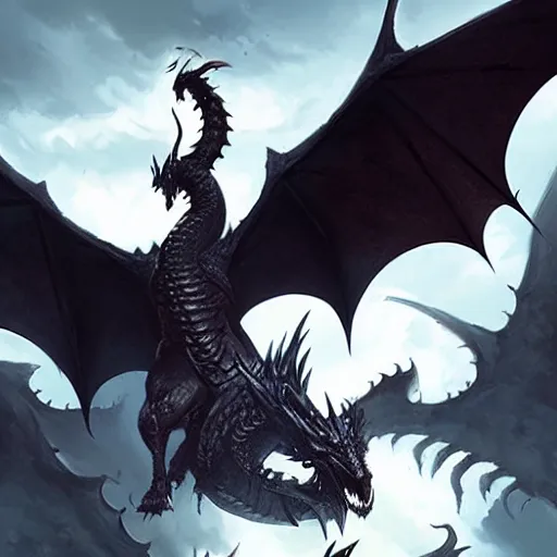 Image similar to flying black dragon, d & d, fantasy, greg rutkowski,
