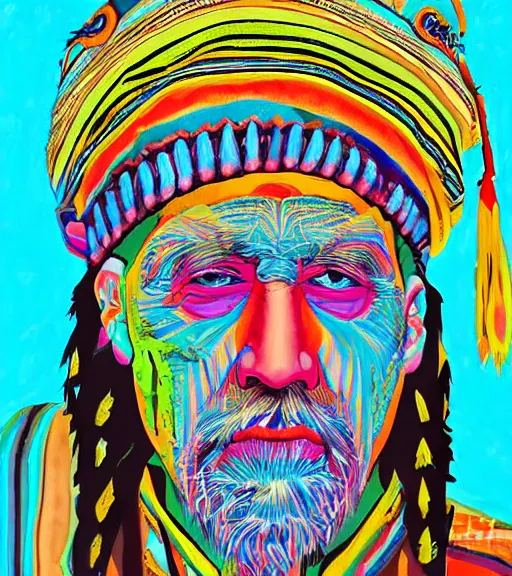 Image similar to Portrait painting in a style of Alex Grey of an old shaman dressed in a colorful traditional clothes.