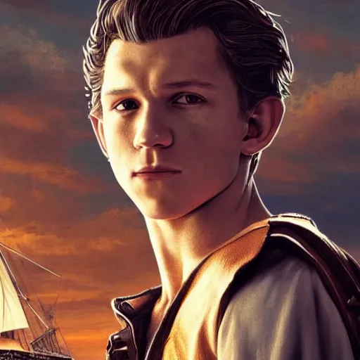 Image similar to tom holland as a pirate, standing on the mast, fine face, face focused, fine detailed face, long hair, realistic shaded lighting poster by greg rutkowski, cinematic lighting, sharp focus, highly detailed attributes and atmosphere