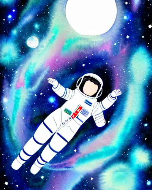 Prompt: oriental water color of a cute thicc female astronaut, floating through space, backlit, realistic anime