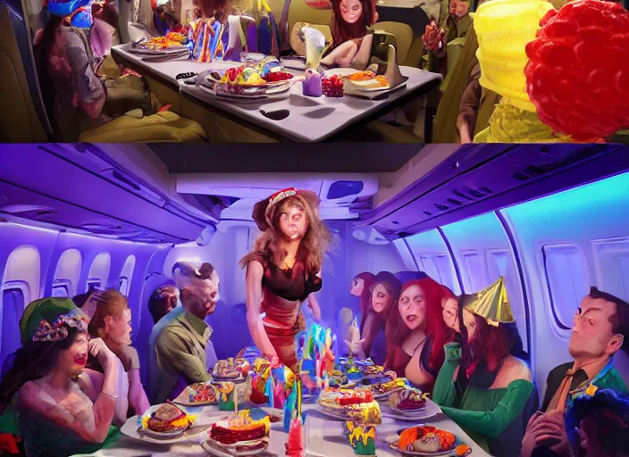 Image similar to boeing 737 cabin, zombies, birthday party, party hats, balloons, birthday cake, candles, realistic, wide angle, Unreal 5 engine, trending on artstation, by Huang Guangjian and Gil Elvgren and Sachin Teng