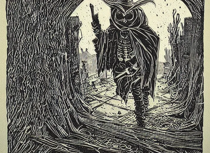 Prompt: two tone woodcut print, halloween ghost in graveyard at midnight by greg rutkowski, fine details, highly detailed