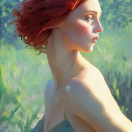 Prompt: oil painting by ilya kuvshinov,, baugh casey, rhads, coby whitmore, of a young cassandra the trojan prophetess, long curly red hair, outdoors, highly detailed, breathtaking face, studio photography, dawn, intense subsurface scattering, blush, supple look, innocence, intense sunlight