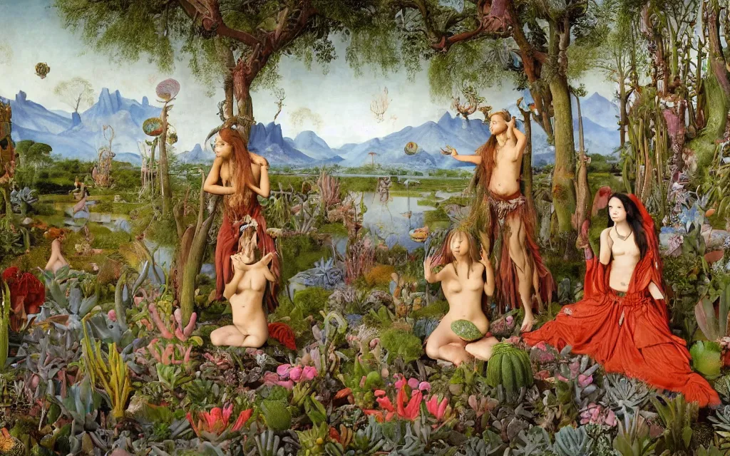 Image similar to a portrait photograph of a meditating mermaid shaman and a centaur monk feeding succulents at a wide river delta. surrounded by bulbous flowers, animals and trees. mountain range under a vast blue sky of burning stars. painted by jan van eyck, max ernst, ernst haeckel and artgerm, cgsociety, artstation, fashion editorial