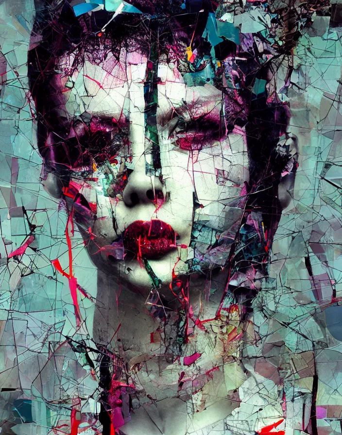 Prompt: girl from fight club, digital collage, assemblage, photomontage, minimalist, contemporary art, punk art, photorealistic, portrait, expressionism, masterpiece, dynamic composition, spectacular quality, intricate oil details, shattered glass texture, neon, chains, smoke