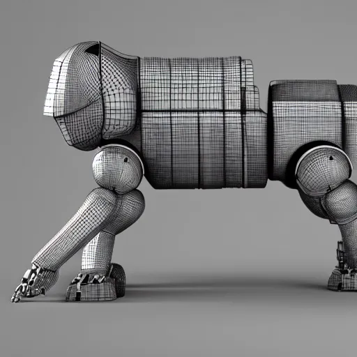 Prompt: dog robot wearing a large around its neck. 3 d render, oktane, post - processing, 8 k, cinematic lighting